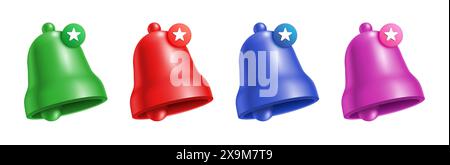 Vektorsatz aus vier verschiedenen farbigen Glocken mit Sternsignalzeichen, isoliert auf weißem Hintergrund. Stock Vektor
