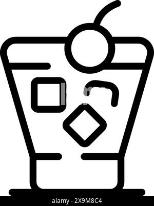 Einfache Line Art-Ikone eines Cocktailglases mit Eiswürfeln und einer Kirsche, ideal für Menüs und Apps Stock Vektor