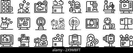 Blogger-Symbole für Produktbeurteilungen zeigen den Vektor. Eine Reihe von Symbolen für soziale Medien und Videofreigabe. Zu den Symbolen gehören eine Person mit Kamera, eine Person mit Mikrofon, eine Person mit Videokamera und eine Person mit Mobiltelefon Stock Vektor