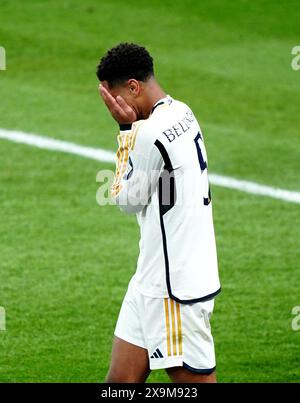 Jude Bellingham von Real Madrid reagiert auf den Sieg im Finale der UEFA Champions League im Londoner Wembley Stadium. Bilddatum: Samstag, 1. Juni 2024. Stockfoto