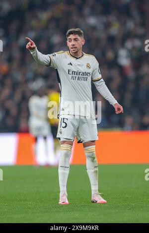 London, Großbritannien. Juni 2024. Real Madrid Mittelfeldspieler Federico Valverde (15) beim UEFA Champions League Finale Borussia Dortmund gegen Real Madrid am 1. Juni 2024 im Wembley Stadium, London, England, Vereinigtes Königreich Credit: Every Second Media/Alamy Live News Stockfoto