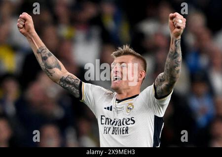 London, Großbritannien. Juni 2024. Fußball: Champions League, Borussia Dortmund - Real Madrid, Finale, Wembley Stadium, Madrider Toni Kroos feiert. Robert Michael/dpa/Alamy Live News Stockfoto