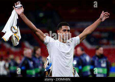 London, Großbritannien. Juni 2024. Jude Bellingham von Real Madrid CF feiert am 1. Juni 2023/2024 2024 das Champions-League-Finale zwischen Borussia Dortmund und Real Madri CF im Wembley-Stadion in London (England). Real Madrid gewann 2-0 gegen Borussia Dortmund und gewann seine 15. Champions League. Quelle: Insidefoto di andrea staccioli/Alamy Live News Stockfoto