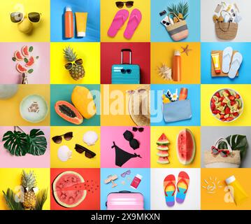 Bunte Collage mit Strandaccessoires und anderen Sommersachen Stockfoto