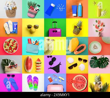 Bunte Collage mit Strandaccessoires und anderen Sommersachen Stockfoto