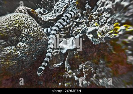 Gebänderte Colubrine Meereskrait (Laticauda colubrina), Wakatobi Dive Resort, Sulawesi, Indonesien Stockfoto