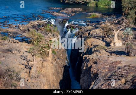 Kunene River, Wasserfall und afrikanischer Baobab (Adansonia digitata), im Abendlicht, Epupa Falls, Kunene, Namibia Stockfoto