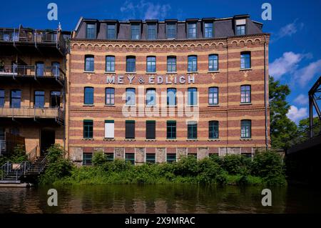 Früher das älteste Versandunternehmen Deutschlands, Mey und Edlich, Schriftzug, ehemaliger Industriekomplex in Wohnraum, Wohnungen, Kultur umgewandelt Stockfoto