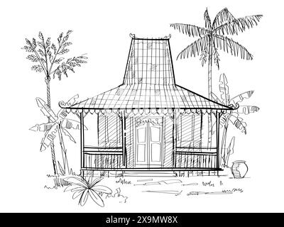 Joglo Java traditionelles Haus Handzeichnung Skizze Illustration hölzerne javanische Hausarchitektur Stil mit Bäumen im Dorf Stock Vektor