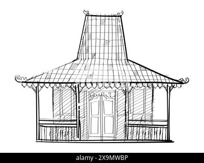Joglo Java traditionelles Haus Handzeichnung Skizze Illustration hölzerner javanischer Wohnarchitektur Stil Stock Vektor