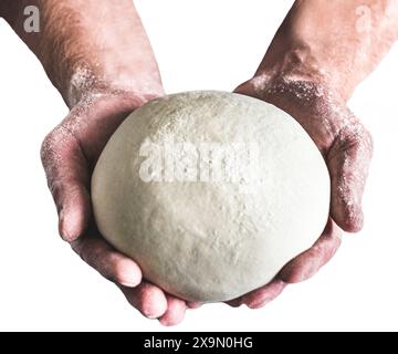 Hände, die mit Teig arbeiten, Rezeptbrot, Pizza zubereiten. Hände halten Pizzateig auf weißem Hintergrund Stockfoto