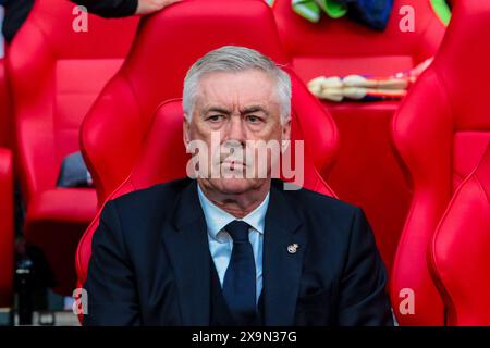 London, Großbritannien. Juni 2024. Carlo Ancelotti Trainer von Real Madrid im Finale - Borussia Dortmund gegen Real Madrid, UEFA Champions League Fußballspiel in London, England, 01. Juni 2024 Credit: Independent Photo Agency/Alamy Live News Stockfoto