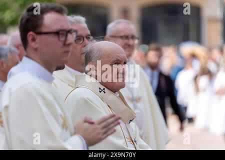 Kazimierz Nycz polnischer Prälat während der Fronleichnamsprozession. Corpus Christi, das fest des Allerheiligsten Leibes und Blutes Christi, wird in Polen gefeiert. Für Katholiken ist dies ein besonderer und freudiger Feiertag - er erinnert uns an das Letzte Abendmahl und die Verwandlung von Brot und Wein in den Leib und das Blut Christi. In Warschau nach der feierlichen Heiligen Messe in der Basilika des Heiligen Johannes des Täufers führte eine Prozession durch die Straßen der Stadt. Die Prozession hielt an den Altären, die von den Bewohnern vor den Kirchen aufgestellt wurden. Stockfoto