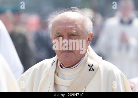 Kazimierz Nycz polnischer Prälat während der Fronleichnamsprozession. Corpus Christi, das fest des Allerheiligsten Leibes und Blutes Christi, wird in Polen gefeiert. Für Katholiken ist dies ein besonderer und freudiger Feiertag - er erinnert uns an das Letzte Abendmahl und die Verwandlung von Brot und Wein in den Leib und das Blut Christi. In Warschau nach der feierlichen Heiligen Messe in der Basilika des Heiligen Johannes des Täufers führte eine Prozession durch die Straßen der Stadt. Die Prozession hielt an den Altären, die von den Bewohnern vor den Kirchen aufgestellt wurden. Stockfoto