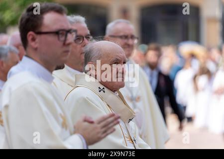 Kazimierz Nycz polnischer Prälat während der Fronleichnamsprozession. Corpus Christi, das fest des Allerheiligsten Leibes und Blutes Christi, wird in Polen gefeiert. Für Katholiken ist dies ein besonderer und freudiger Feiertag - er erinnert uns an das Letzte Abendmahl und die Verwandlung von Brot und Wein in den Leib und das Blut Christi. In Warschau nach der feierlichen Heiligen Messe in der Basilika des Heiligen Johannes des Täufers führte eine Prozession durch die Straßen der Stadt. Die Prozession hielt an den Altären, die von den Bewohnern vor den Kirchen aufgestellt wurden. (Foto: Marek Antoni Iwanczuk/SOPA im Stockfoto