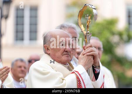 Kazimierz Nycz polnischer Prälat während der Fronleichnamsprozession. Corpus Christi, das fest des Allerheiligsten Leibes und Blutes Christi, wird in Polen gefeiert. Für Katholiken ist dies ein besonderer und freudiger Feiertag - er erinnert uns an das Letzte Abendmahl und die Verwandlung von Brot und Wein in den Leib und das Blut Christi. In Warschau nach der feierlichen Heiligen Messe in der Basilika des Heiligen Johannes des Täufers führte eine Prozession durch die Straßen der Stadt. Die Prozession hielt an den Altären, die von den Bewohnern vor den Kirchen aufgestellt wurden. (Foto: Marek Antoni Iwanczuk/SOPA im Stockfoto