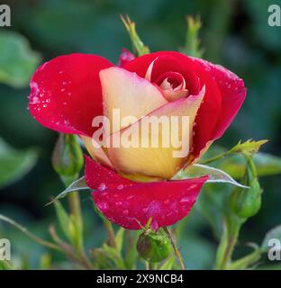 „Ketchup und Senf“ Floribunda Rose in Bloom. San Jose Municipal Rose Garden in San Jose, Kalifornien. Stockfoto