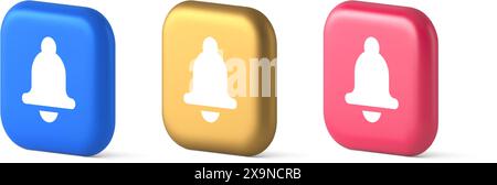 Signalton Tonsignal-Tastendruck-Erinnerung Cyberspace Web-Interface-Benachrichtigung 3D realistische Symbole in Blau Gold und Rosa. Handbell-Alarm eingehend Stock Vektor