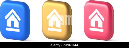 Homepage Hauptseite Cyberspace-Adresse Schaltfläche Webschnittstelle Menüemblem 3D realistische Symbole in Blau Gold und Rosa. Hausbau Immobilien App desig Stock Vektor