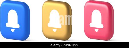 Handglockenklingelton Benachrichtigungstaste eingehende Nachricht Anrufbenachrichtigung 3D realistische Symbole in Blau-Gold und Rosa. Alarmnetz für eingehendes Audiosignal Stock Vektor
