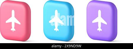 Flugzeug Online Check-in Button digitale Service Passagierregistrierung 3D realistische rosa blau und lila Symbole. Fluggesellschaft Transport Flug Fahrzeug Stock Vektor