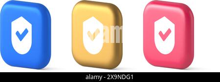 Durchgeführtes Häkchen Schildtaste Erfolgsschutz genehmigtes Passwort Web-App 3D realistische Symbole in Blau Gold und Rosa. Zertifizierter Wachmann korrekte Daten akzeptieren i Stock Vektor