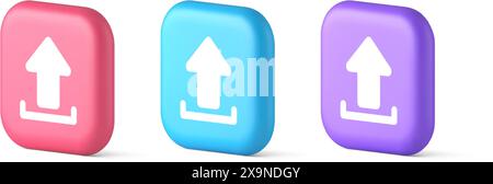 Hochladen Pfeilschaltfläche Dokument Multimedia Dateiaustausch Verbindung Cyberspace Speicher 3D realistische rosa blaue und lila Symbole. Informationen online dow Stock Vektor