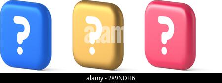 Fragezeichen Schaltfläche Hinweis Achtung Antwort FAQ Punkt Internet Info Support 3D realistische Symbole in Blau Gold und Rosa. Lösungshilfe Informationen zur Ideenhilfe Stock Vektor