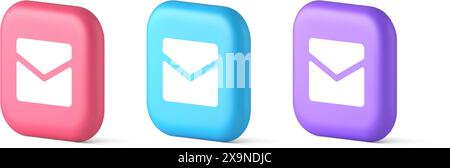 Newsletter-Posteingang Chat-Nachricht-Taste Fernkommunikation digitale Benachrichtigung 3D realistische rosa blaue und lila Symbole. Schließen Sie den Papierumschlag per E-Mail Stock Vektor