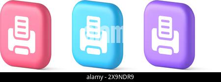 Druckergerät für Papierdokumente Drucktaste Tintendrucktechnologie 3D realistische rosa blaue und lila Symbole. Drücken Sie Text Office Desktop elec Stock Vektor