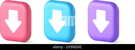 Pfeil-nach-unten-Taste Tastatur-Navigationspunkt Cyberspace Web-App herunterladen 3D realistische Sprechblase rosa blaue und lila Symbole. Anwendungsbenutzer i Stock Vektor