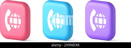Telefonanruf internationale globale Kommunikationstaste Cyberspace Dialoge 3D realistische Sprechblase rosa blaue und lila Symbole. Telefon Stock Vektor