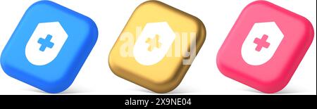 Medizinische sichere Schildprüfung plus Knopfzulassung vertrauliche Medizin Schutz 3D realistische Blau Gold und rosa Symbole. Healthcare Privacy Safety Car Stock Vektor