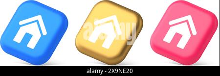 Hauptseite Button Homepage Haus mit Dachnavigation Cyberspace Schnittstelle 3D realistisch blau Gold und rosa Symbole. Startseite einfache Online-Adresse Stock Vektor