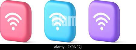 Wi-fi-Internetverbindungstaste Hochgeschwindigkeits-Wireless-Cyberspace-digitales Netzwerk 3D realistische Sprechblase rosa blaue und lila Symbole. WLAN-Zone Fernbedienung Stock Vektor