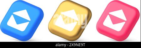 E-Mail Briefumschlag öffnen Brief eingehende Nachricht erhalten Schaltfläche 3D realistische Symbole in Blau Gold und Rosa. E-Mail-Benachrichtigung für Kontaktadressen Stock Vektor