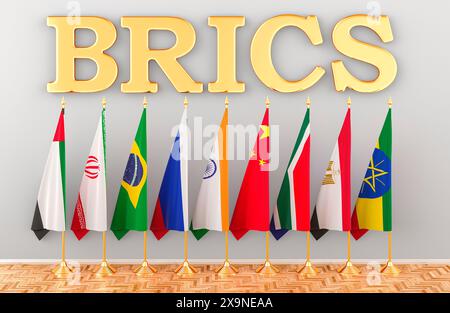 BRICS-Gipfel, Flaggen aller neuen Mitglieder BRICS. 3D-Rendering Stockfoto