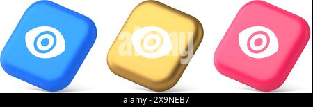 Sichtbarkeit durch Augenknopf Suche optische Linse Webanwendung 3D realistische Symbole in Blau Gold und Rosa. Sehbeobachtung besinnende Kontrolle dient uns Stock Vektor