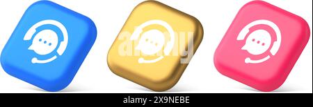 Kundensupport Live Chat Service Button Information Messaging Konversation Beratung 3D realistische Symbole in Blau Gold und Rosa. Dialogfeld „Online Messenger“ Stock Vektor