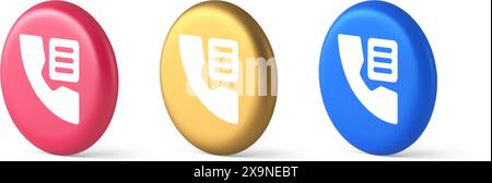 Telefonbuch Kontaktnummern Listentaste Suche Sprachkommunikation 3D realistische Symbole in Blau Gold und Rosa. Name der Handy-Adresse des Telefonveranstalters Stock Vektor