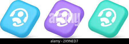 Kundendienst Helpdesk Assistance Button Anruf Helpline Verbindung 3D realistische blaue lila und grüne Symbole. Hotline-Beratungsinformationen helfen cen Stock Vektor