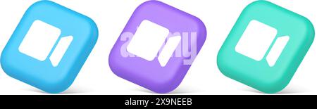 Kamera Foto Video Aufnahme Multimedia-Inhalte Erstellung blaue Taste 3D realistische blaue lila und grüne Symbole. Benutzerinhalt für das Fotografieren des Anwendungsbereichs Stock Vektor