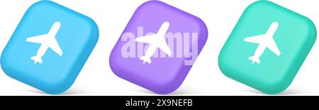 Flugzeug Online Check-in Button digitale Service Passagierregistrierung 3D realistische blaue lila und grüne Symbole. Fluggesellschaft Transport Flug Fahrzeug Stock Vektor