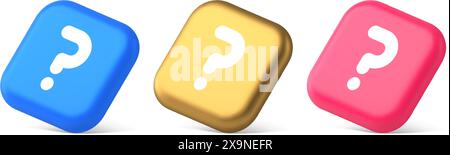 Fragezeichen Schaltfläche Hinweis Achtung Antwort FAQ Punkt Internet Info Support 3D realistische Symbole in Blau Gold und Rosa. Lösungshilfe Informationen zur Ideenhilfe Stock Vektor