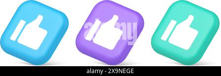 Daumen hoch wie cool Button Cyberspace Akzeptanzkommunikation genehmigen 3D realistische blaue lila und grüne Symbole. Gute Bewertung Webseite tolles Symbol blo Stock Vektor
