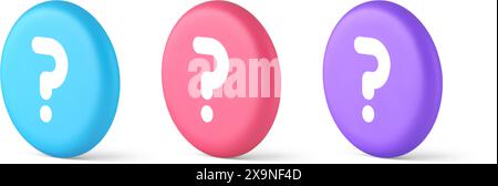 Fragezeichen Schaltfläche Hinweis Achtung Antwort FAQ Punkt Internet-Info Support 3D realistische blaue rosa und lila Symbole. Lösungshilfe Ideenhilfe in Stock Vektor
