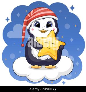 Der süße Cartoon-Pinguin im Schlummertrunk hält einen gelben Stern und steht auf einer Wolke. Nachtvektor-Illustration auf blauem Hintergrund. Stock Vektor