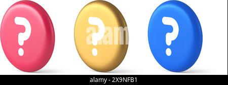 Fragezeichen Schaltfläche Hinweis Achtung Antwort FAQ Punkt Internet Info Support 3D realistische Symbole in Blau Gold und Rosa. Lösungshilfe Informationen zur Ideenhilfe Stock Vektor