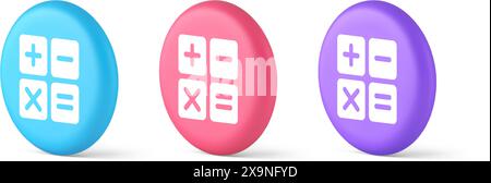 Taschenrechner mathematische Zähltaste Kontoübersicht Überprüfung Mathematik Finanztastatur 3D realistische blaue rosa und lila Symbole. Elektron berechnen Stock Vektor