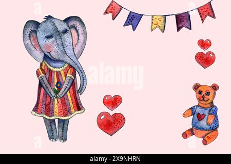 Das Aquarellbild zeigt einen Elefanten, einen Teddybären und Herzen. Es zeigt eine skurrile und fröhliche Szene, perfekt für eine Vielzahl von Produkten und Veranstaltungen Stockfoto